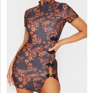 Floral High Neck Short Sleeve Oriental Bodycon
